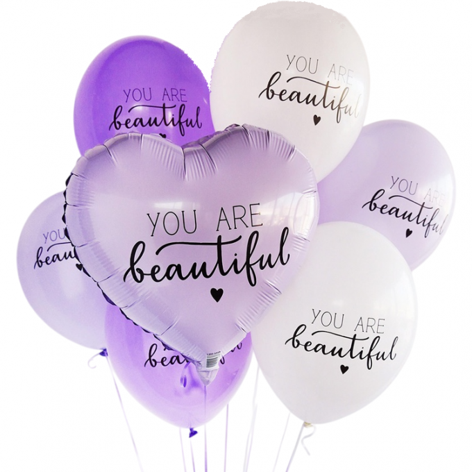 Набор шаров YOU ARE BEAUTIFUL (фольга Сердце + 6 шт латекс)