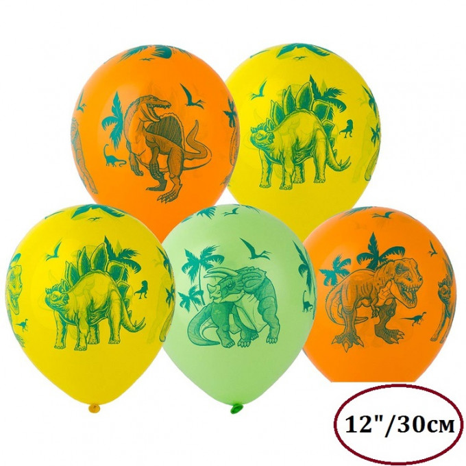 Воздушный шар латексный с рисунком 12" пастель шелкография Динозавры ассорти 25 шт