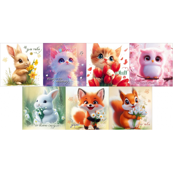 Бирка двойная для подарка ЗВЕРЮШКИ с букетами Микс (7в*5)