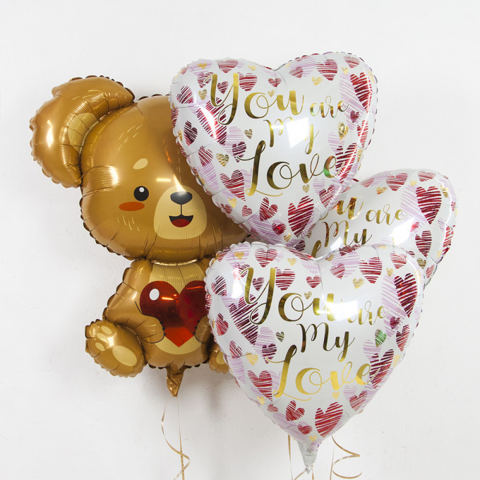 Воздушный шар фольгированный 33"/85 см Фигура Плюшевый Мишка с сердцем