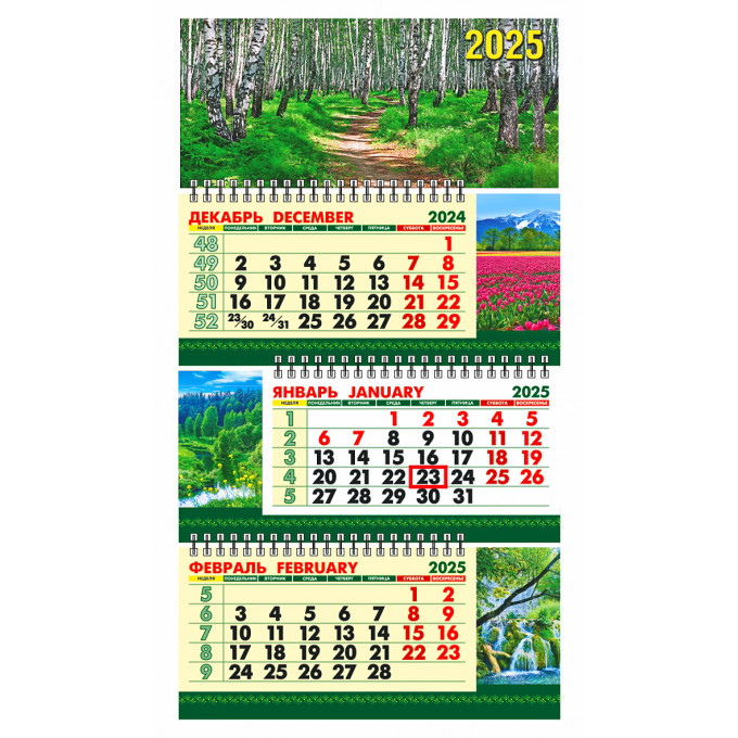 Календарь настенный квартальный с курсором ТРЕХБЛОЧНЫЙ МИНИ "Тропинка в лесу" на 2025 год