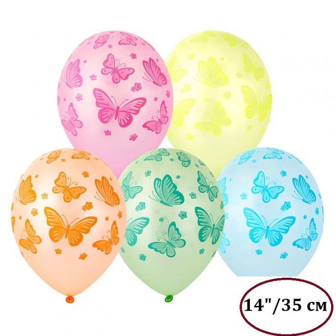 Воздушный шар латексный с рисунком 14" шелкография неон Бабочки