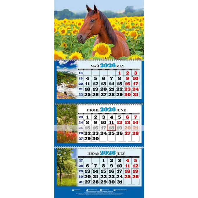 Календарь настенный квартальный с курсором ТРЕХБЛОЧНЫЙ Символ года. Лошадь в подсолнухах КТ-149