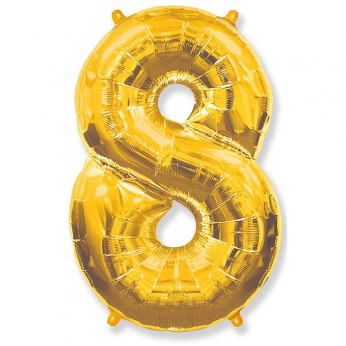 Воздушный шар фольгированный ЦИФРА 8 40"/102 см Золото/Gold в упаковке