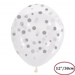 Воздушный шар латексный с рисунком 12"/30см Конфетти серебряные 25шт.