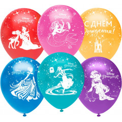 Воздушный шар латексный с рисунком 12''/30 см пастель Принцессы Диснея, С Днем Рождения!, Ассорти 25 шт