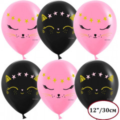 Воздушный шар латексный с рисунком 12"/30 см пастель Волшебный котенок, Черный/Розовый