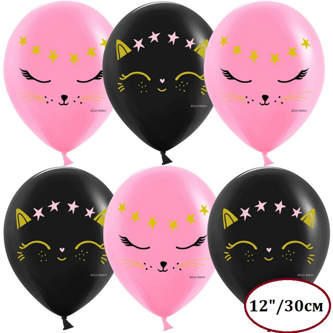 Воздушный шар латексный с рисунком 12"/30 см пастель Волшебный котенок, Черный/Розовый