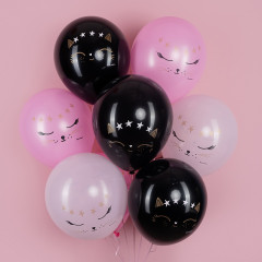 Воздушный шар латексный с рисунком 12"/30 см пастель Волшебный котенок, Черный/Розовый