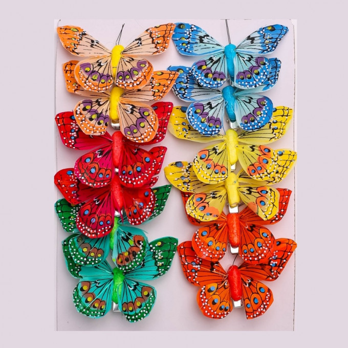 Бабочки 8см на прищепке, 12шт. цветные 1027