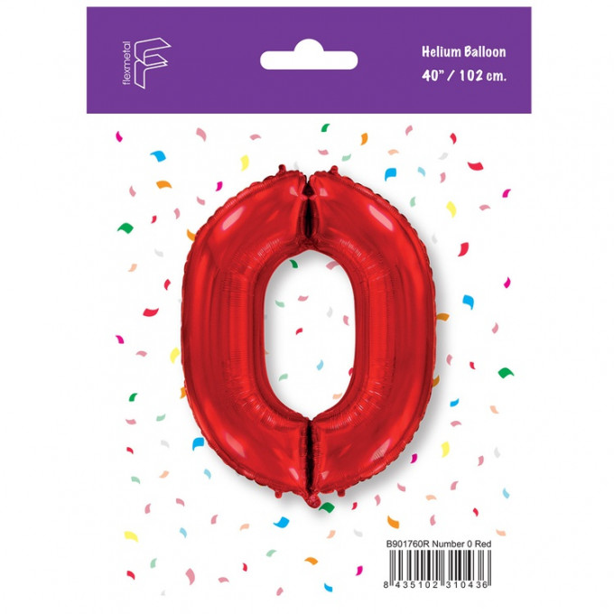 Воздушный шар фольгированный ЦИФРА 0 40"/102 см Красный/Red в упаковке