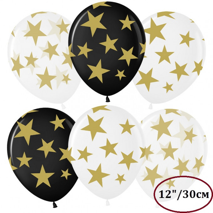 Воздушный шар латексный с рисунком 12"/30 кристалл Звезды Люкс ассорти