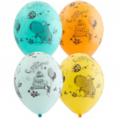 Воздушный шар латексный с рисунком 14" пастель шелкография С Днем рождения! Бегемот с тортом ассорти 25 шт