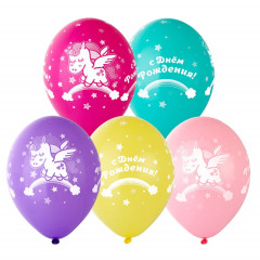 Воздушный шар латексный с рисунком 14" пастель шелкография С Днем рождения! Единорог спящий ассорти 25 шт