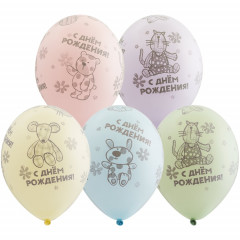 Воздушный шар латексный с рисунком 14" пастель шелкография С Днем Рождения! Зверюшки-игрушки 25 шт