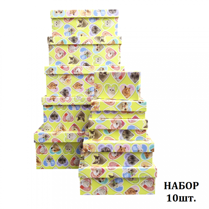 Набор подарочных коробок из 10 шт ПРЯМОУГОЛЬНИК 32,5*20*12,5/12*7*4 см ЗВЕРЮШКИ МЕМЫ