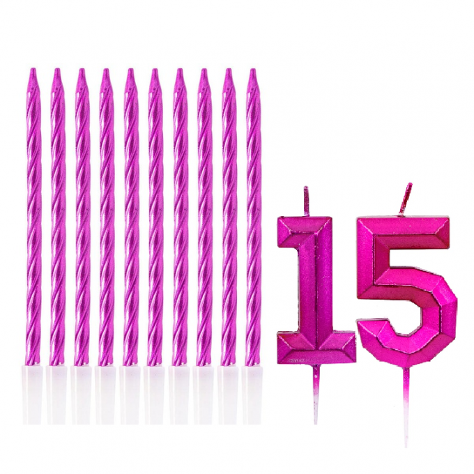 Набор свечей "15 лет" Фуксия (2 цифры+свечи)