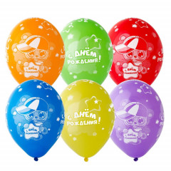 Воздушный шар латексный  с рисунком 14" пастель шелкография С ДР Котик в кепке ассорти