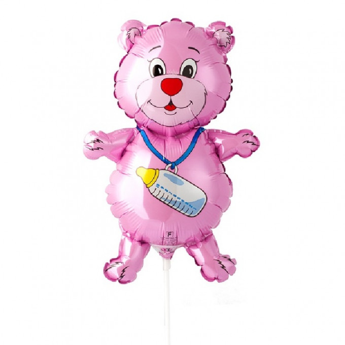 Воздушный шар фольгированный 14" Фигура-мини Медвежонок девочка фуксия 36 см