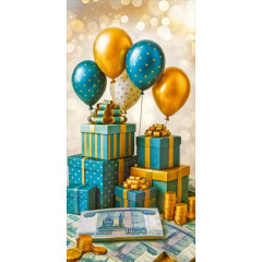 Конверт для денег без надписи (шары, подарки, 1000 рублей)