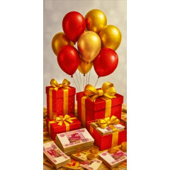 Конверт для денег без надписи (шары, подарки, 5000 рублей)