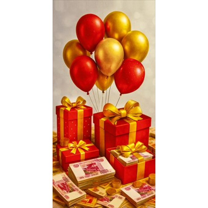 Конверт для денег без надписи (шары, подарки, 5000 рублей)