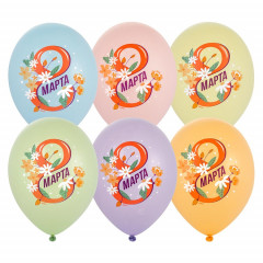 Воздушный шар латексный с рисунком 14" пастель 8 Марта Цветы 6цв