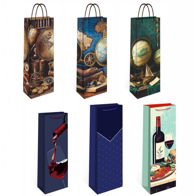 Пакет подарочный 12*36*8,5 см под бутылку Микс (6в*1)