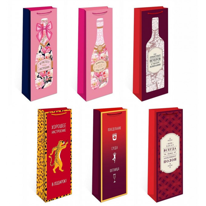 Пакет подарочный 12*36*8,5 см под бутылку Микс (6в*1)