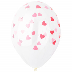Воздушный шар латексный с рисунком 14" кристалл шелкография Сердца розовые прозрачный 25 шт