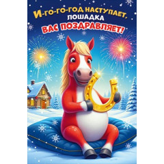 Открытка ""Иго-го-год наступает, лошадка вас поздравляет!"