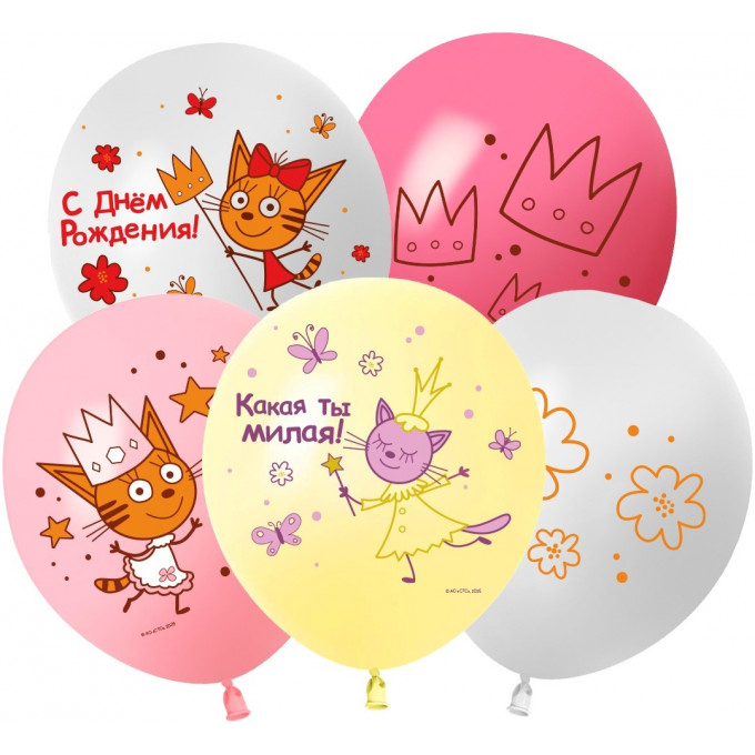 Воздушный шар латексный с рисунком 12"/30 см пастель Три Кота Принцессы, Ассорти