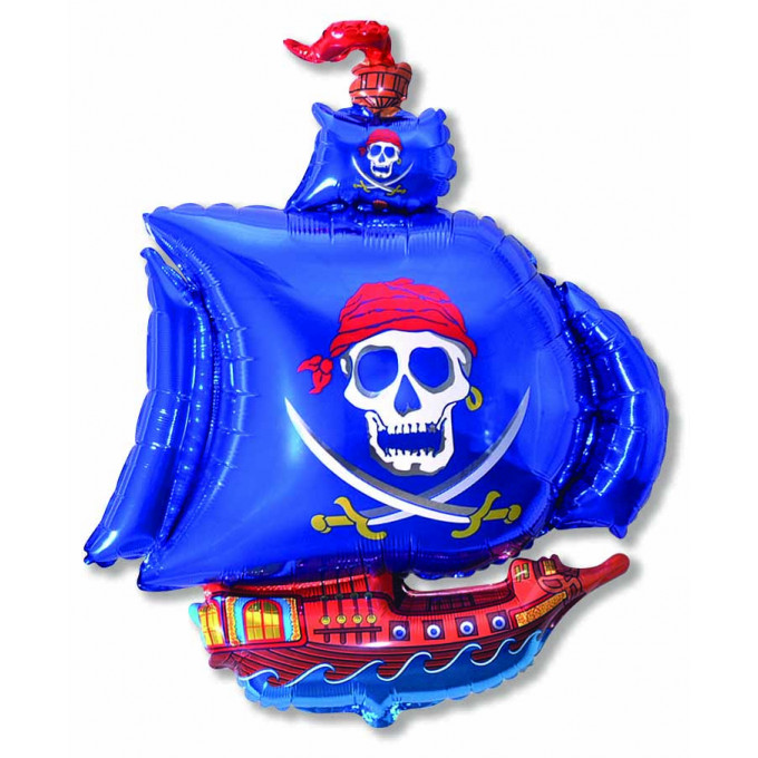 Воздушный шар фольгированный 38" Фигура Пиратский корабль синий 56*96 см
