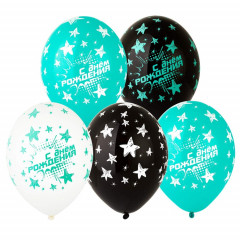 Воздушный шар латексный с рисунком 14" пастель шелкография С Днем рождения! Звезды ассорти