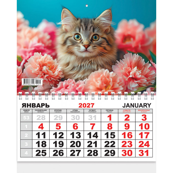 Календарь ОДНОБЛОЧНЫЙ на 2027 год Кошки