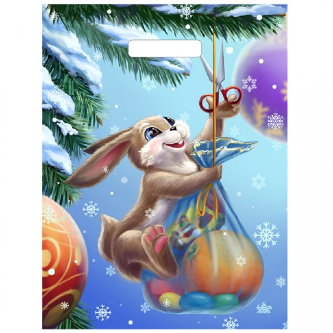 Пакет с вырубной ручкой 31х40+6 см НГ глянец Зайка с подарками