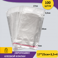 Пакет с клеевым клапаном с европодвесом 17*25 см 100шт