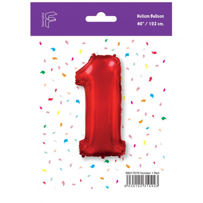 Воздушный шар фольгированный ЦИФРА 1 40"/102 см Красный/Red в упаковке