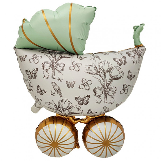 Воздушный шар фольгированный 36"/91 см Коляска Винтаж мятная сатин