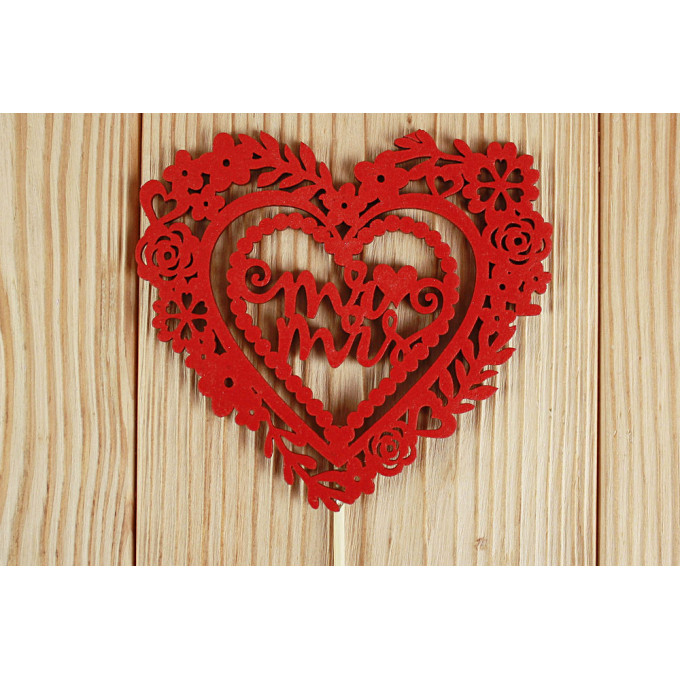 Топпер "Mr&Mrs" в сердце 10,5*30 см МДФ 3мм, окрашен. на шпажке Красный
