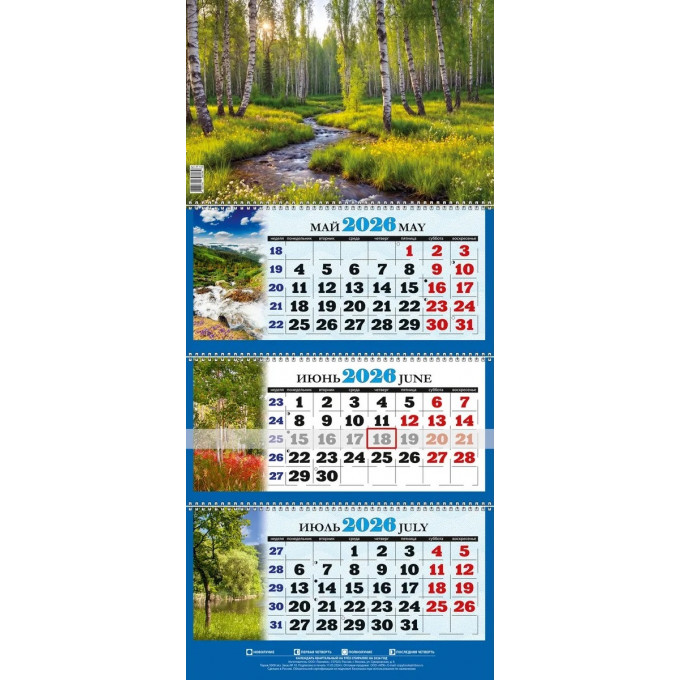 Календарь настенный квартальный с курсором ТРЕХБЛОЧНЫЙ на 2026г Природа Березы