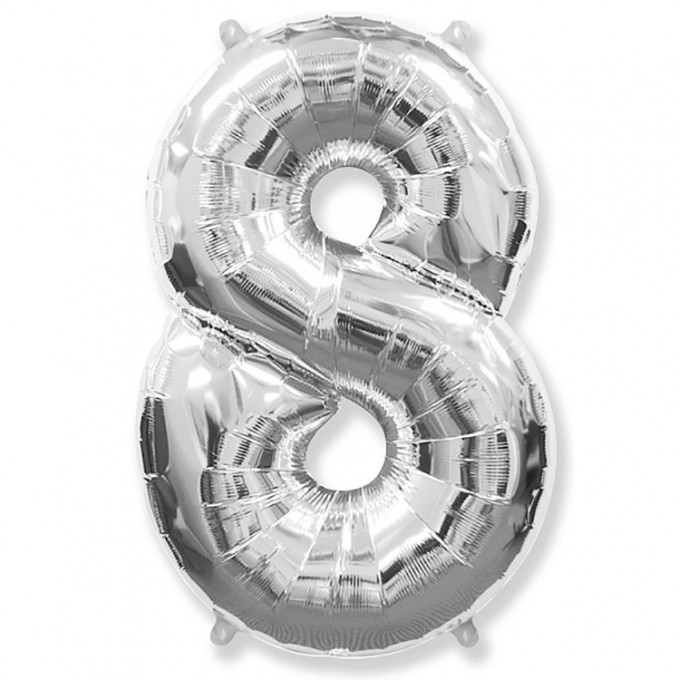 Воздушный шар фольгированный ЦИФРА 8 40"/102 см Серебро/Silver в упаковке