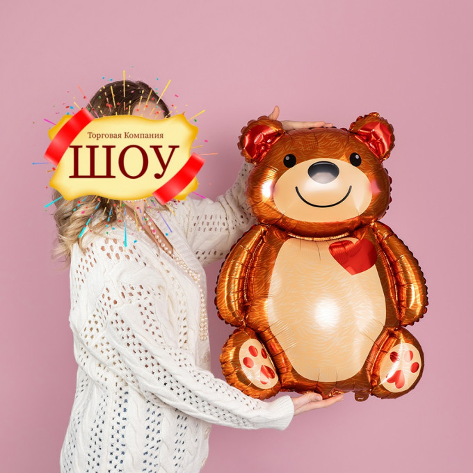 Воздушный шар фольгированный Мини-фигура 17"/43 см Мишка с сердцем