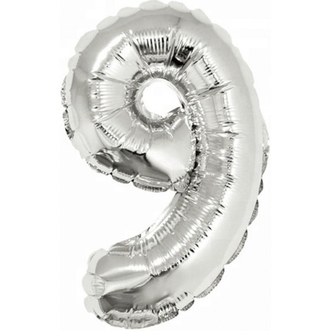 Воздушный шар фольгированный 16''/41 см Мини-цифра, 9, Серебро