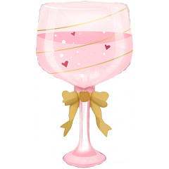 Воздушный шар фольгированный Фигура 35"/89 см Бокал золотой бант розовый