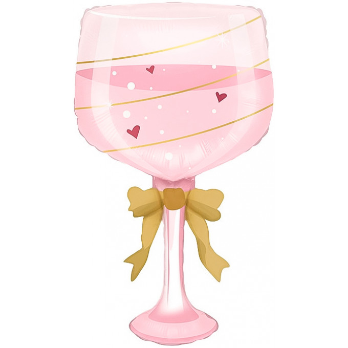 Воздушный шар фольгированный Фигура 35"/89 см Бокал золотой бант розовый