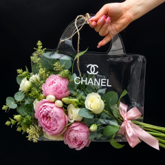 Сумка-переноска для цветов "Chanel" 18,5*8*17см ручка 7,5см, 800мкр ПРОЗРАЧНАЯ