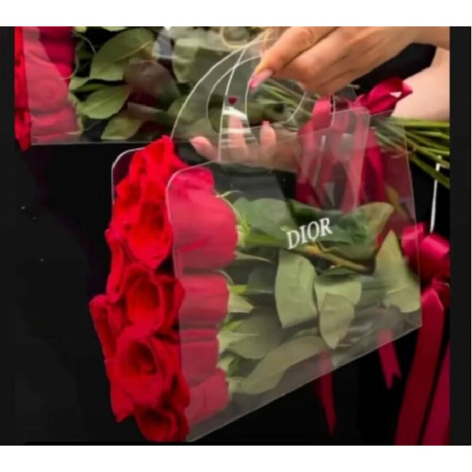 Сумка-переноска для цветов "Dior" 18,5*8*17см ручка 7,5см, 800мкр ПРОЗРАЧНАЯ