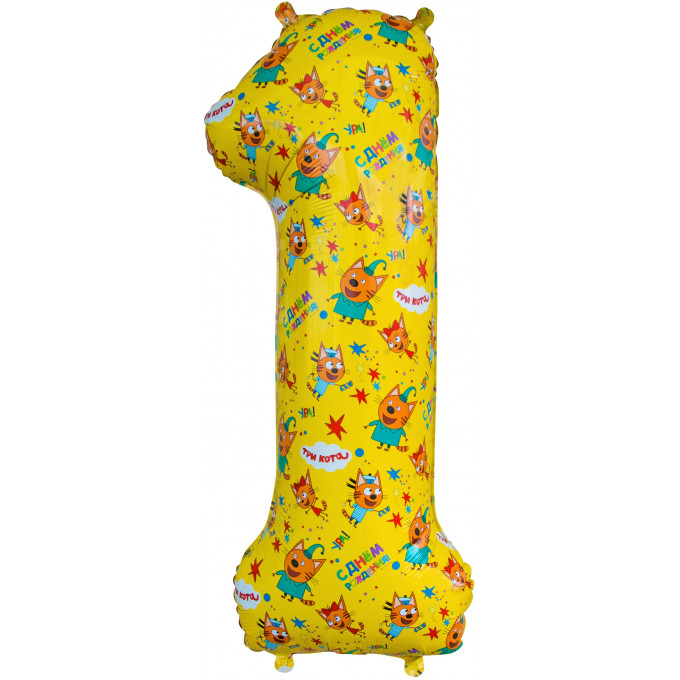 Воздушный шар фольгированный 34"/86 cм Цифра, 1 Три Кота, Желтый, в упаковке