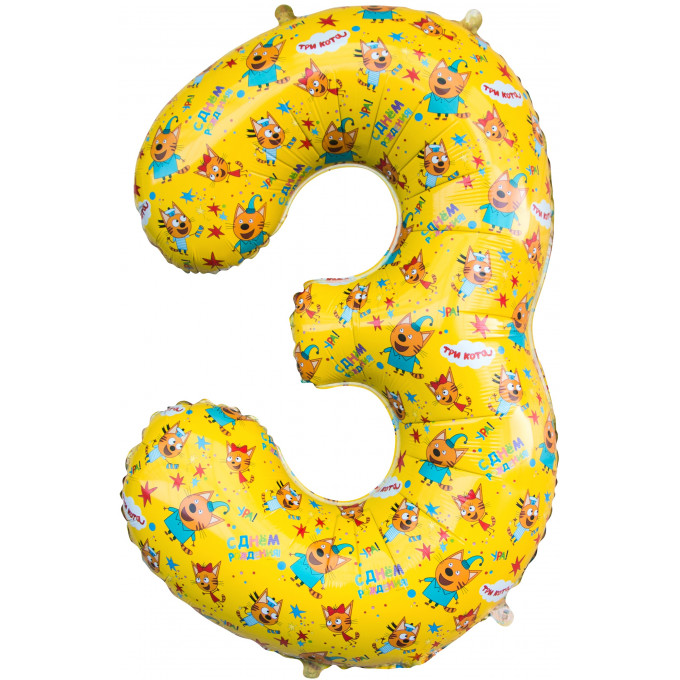 Воздушный шар фольгированный 34"/86 cм Цифра, 3 Три Кота, Желтый, в упаковке